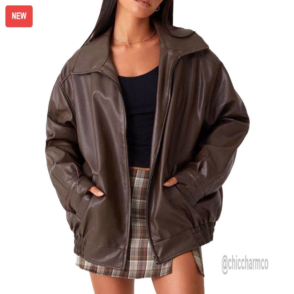 Oversized Faux Leather Motorcycle Jacket Zip Up Biker Style Chic Outwear